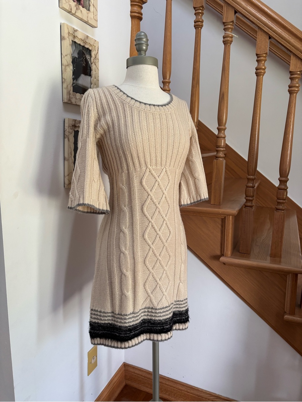 Pink Rose Cozy Knit Cream A-Line Sweater Dress with Bell Sleeves